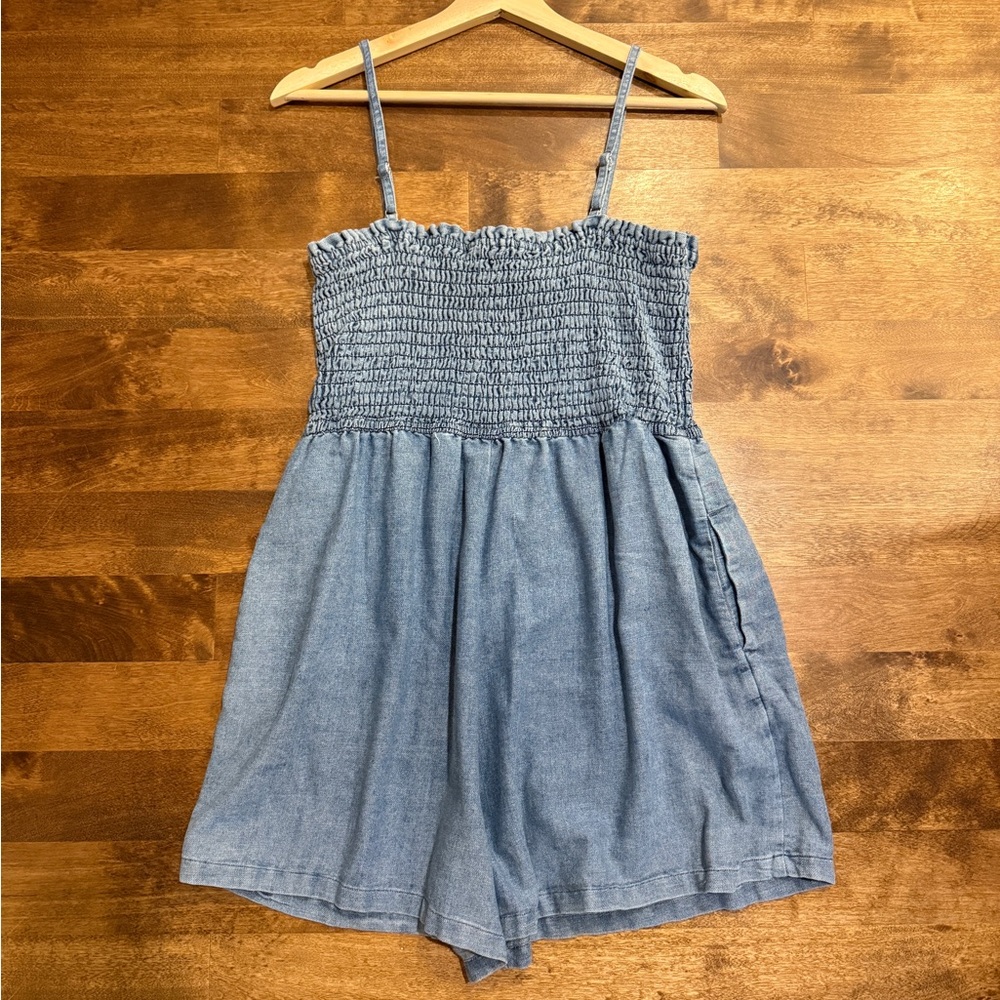 Women's Blue Denim Romper with Pockets